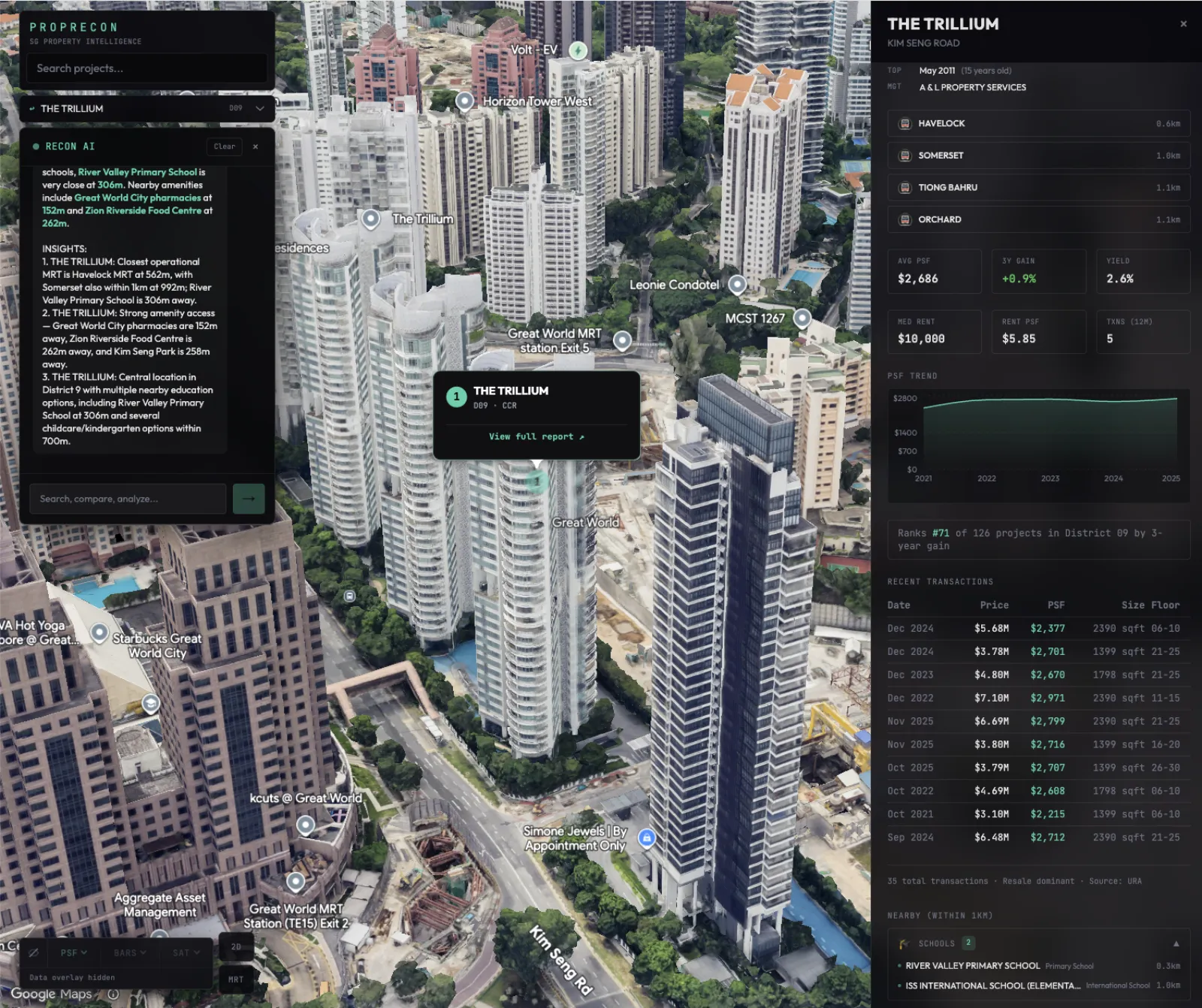AI reasons across nearby MRT stations, schools, hawker centres, and amenities.