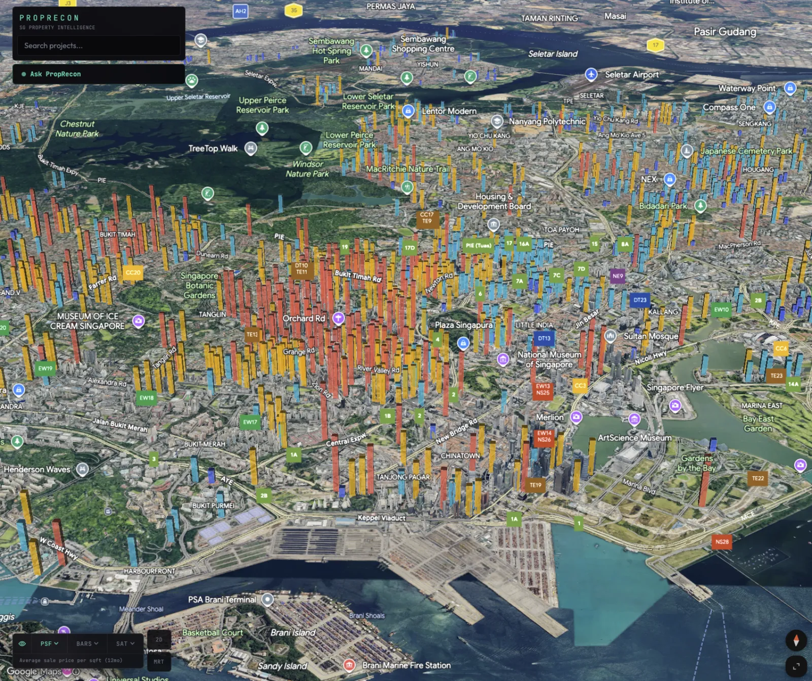 Every condo in Singapore as a 3D bar, colour-coded by data overlay.